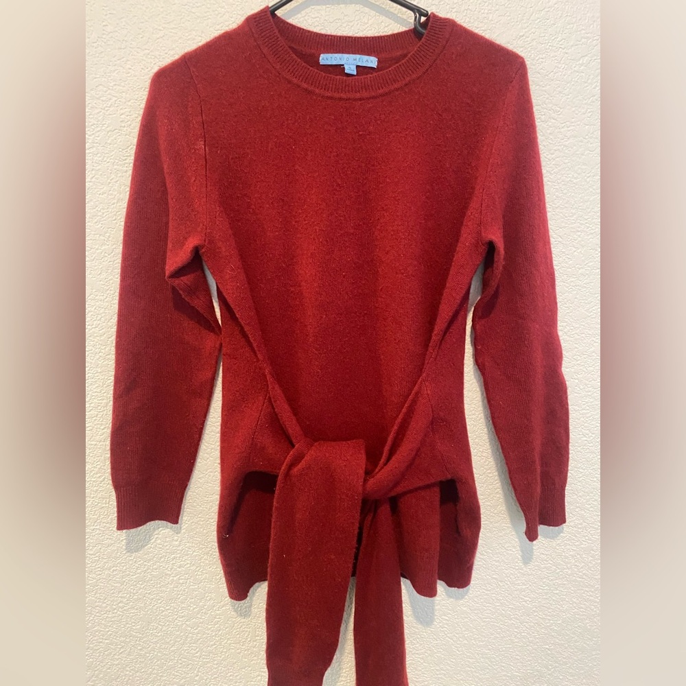 ANTONIO MELANI Red Crew Neck Sweater with Tie size small or medium 100% cashmere - Picture 2 of 7